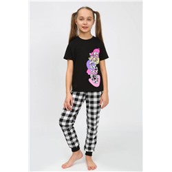 91240 Пижама для девочки (футболка, брюки) (Черный/черная клетка)