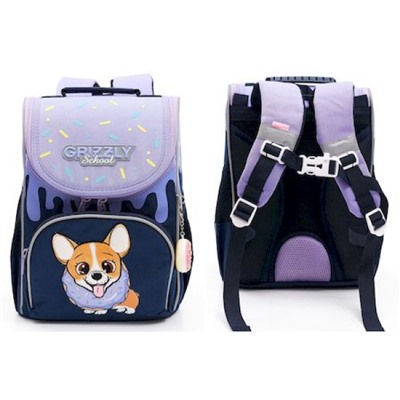 Рюкзак 1-4 класс школьный RAm-384-3/3 "Корги" синий 25х33х13 см + сумка для сменной обуви GRIZZLY