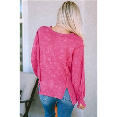 Rose Acid Wash Relaxed Fit Seamed Pullover Sweatshirt with Slits