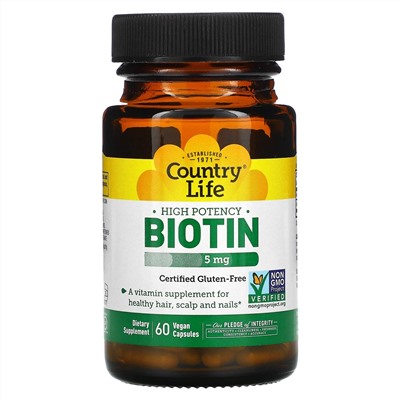 Country Life, высокоэффективный биотин, 5 мг, 60 вегетарианских капсул