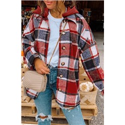 Red Hooded Plaid Button Front Shacket