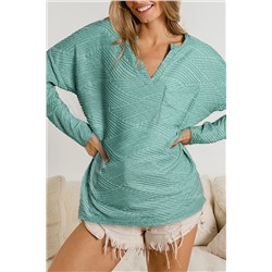 Green Textured Split Neck Long Sleeve Top