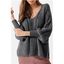 Gray Crochet V Neck Slits Loose Fit Sweater
