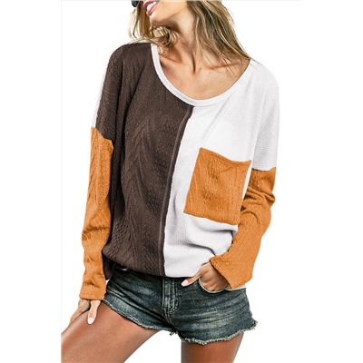 Brown Color Block Patchwork Chest Pocket Long Sleeve Top