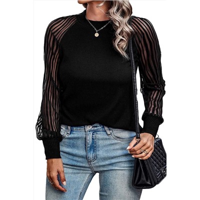 Black Ribbed Knit Sheer Striped Sleeve Plus Size Top