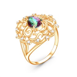 Кольцо женское из золочёного серебра с плавленым кварцем цвета мистик и фианитами