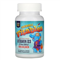 Vitables, жевательный витамин D3 для детей, со вкусом черешни, 12,5 мкг (500 МЕ), 90 вегетарианских таблеток