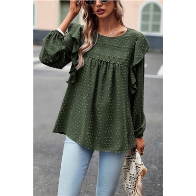 Blackish Green Lace Eyelet Ruffle Shoulder Long Sleeve Blouse