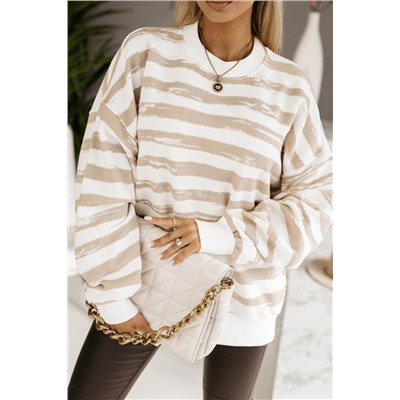 Khaki Oversized Striped Bishop Sleeve Pullover Sweatshirt