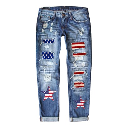 Голубые джинсы с заплатками с принтом американского флага