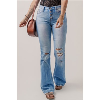 Beau Blue High Waist Button Front Ripped Flare Jeans