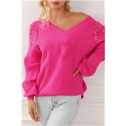 Rose Red Pearl Embellished Fuzzy Hearts V Neck Sweater