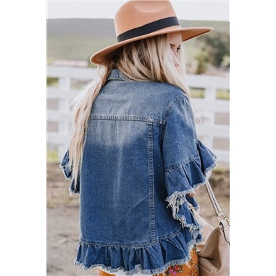 Peacock Blue Raw Edge Ruffled Short Sleeve Denim Jacket