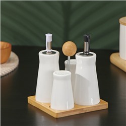 Набор фарфоровый для специй на бамбуковой подставке BellaTenero, 5 предметов: солонка, перечница, 2 соусника, подставка-держатель, цвет белый