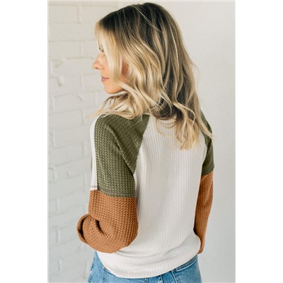 Green Color Block Exposed Seam Waffle Knit Long Sleeve Top