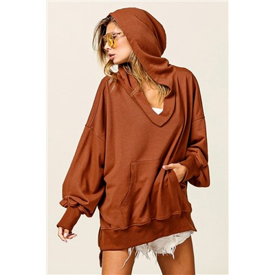 Chestnut V Neck Kangaroo Pocket Oversized Hoodie