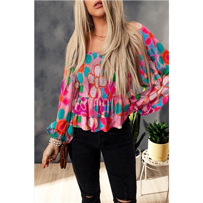 Multicolor Floral Print Smocked Square Neck Ruffles Blouse