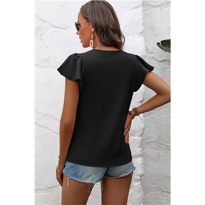 Black Solid Color Textured Pleated Flutter Sleeve Blouse