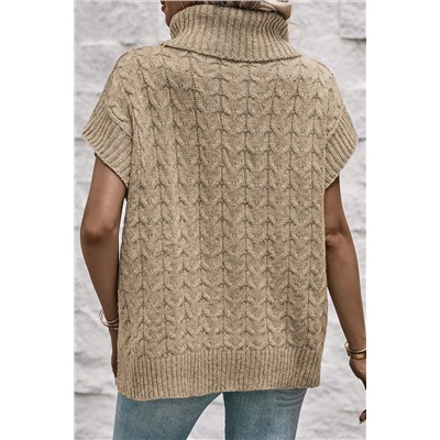 Light French Beige Cable Knit Turtleneck Batwing Sleeve Sweater