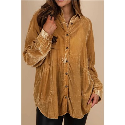 Gold Solid Color Button Up Loose Fit Velvet Shirt