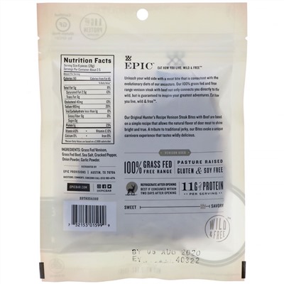 Epic Bar, Bites, Venison Steak with Beef, 2.5 oz (71 g)