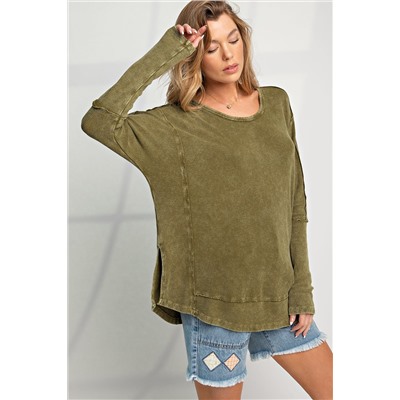 Green Raw Seam Mineral Washed Long Sleeve Top