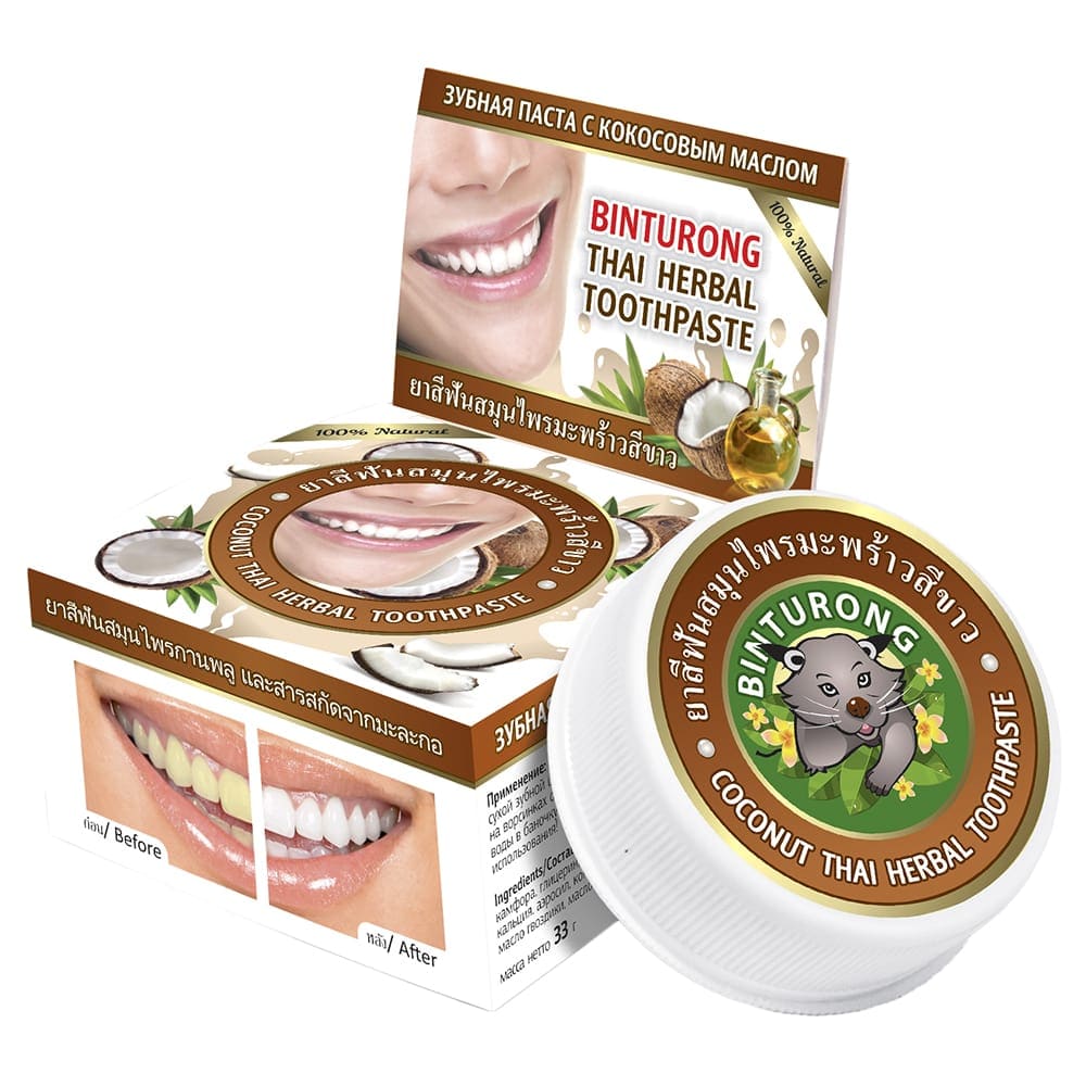 Тайская зубная. Зубная паста Binturong Thai Herbal Toothpaste 33 гр. с кокосовым маслом. Binturong зубная паста 33 гр. Зубная паста с кокосом Coconut Binturong 33 гр. Зубная паста с кокосовым маслом Binturong.