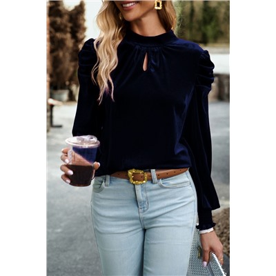 Navy Blue Mock Neck Puff Sleeve Velvet Blouse