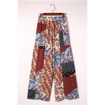 Multicolor Boho Patchwork Print Drawstring Wide Leg Pants