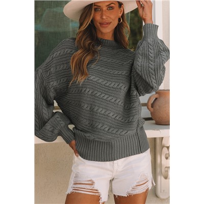 Gray Mock Neck Lantern Sleeve Cable Knit Sweater