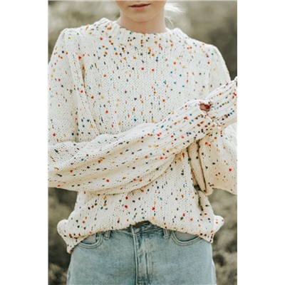 Beige Colorful Dots Cable Knit Crew Neck Sweater