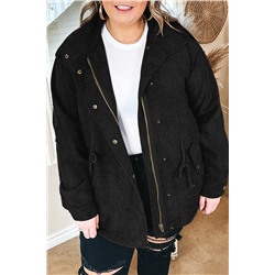 Black Plus Size Button Zipped Corduroy Jacket
