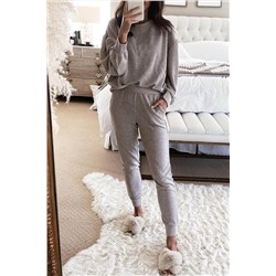 Gray Long Puff Sleeve Top Pocketed Casual Two Piece Set