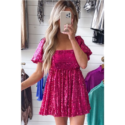 Rose Red Short Puff Sleeve Sequin Babydoll Romper