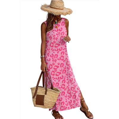 Розовое леопардовое платье макси с разрезами по бокам и открытой спиной