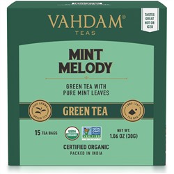 Vahdam Teas, зеленый чай, мелодия мяты, 15 чайных пакетиков, 30 г (1,06 унции)
