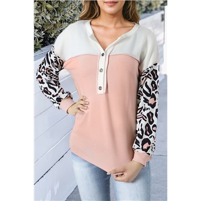 Pink Leopard Sleeve Patchwork Waffle Knit Top