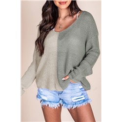 Gray Long Sleeve V-Neck Colorblock Sweater