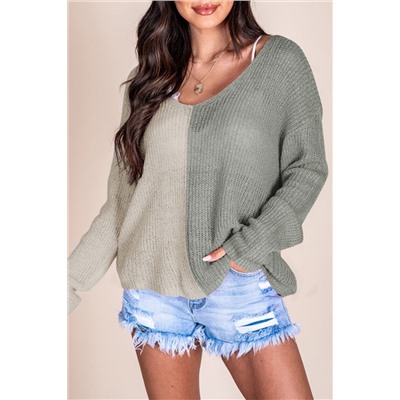 Gray Long Sleeve V-Neck Colorblock Sweater