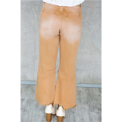 Brown Distressed Hollow-out High Waist Cropped Flare Jeans