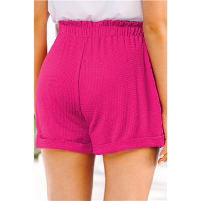 Bright Pink Plus Size Rolled Edge Ruffled Elastic Waist Textured Shorts