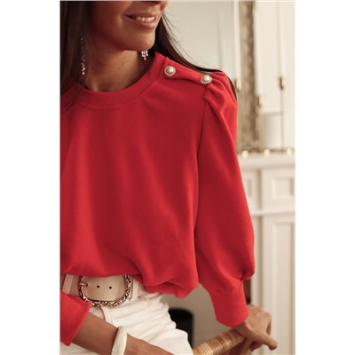 Red Button Tab Detail Long Sleeve Top