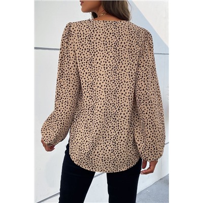 Khaki Leopard Print V Neck Puff Sleeve Blouse