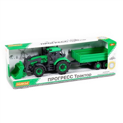 323101 Полесье Трактор "Прогресс" с бортовым прицепом и ковшом инерционный (зелёный) (в коробке)