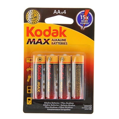 Батарейка алкалиновая Kodak Max, AA, LR6-4BL, 1.5В, блистер, 4 шт.