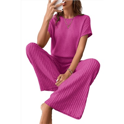 Rose Red Solid Color Ribbed Short Sleeve Wide Leg Jumpsuit