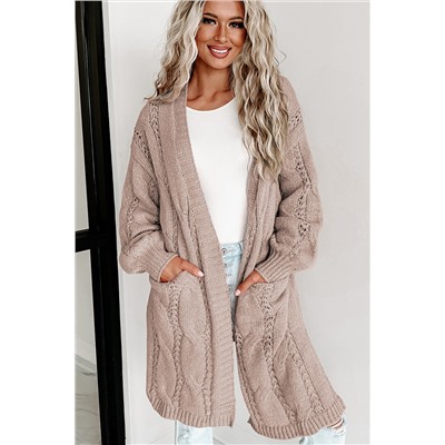 Apricot Ribbed Trim Eyelet Cable Knit Cardigan
