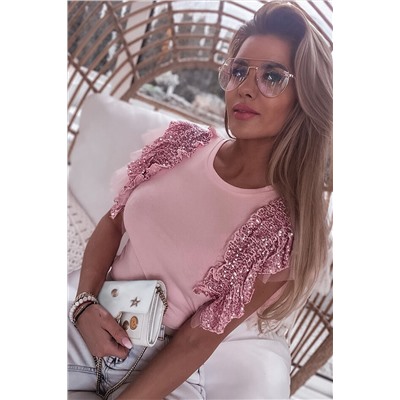 Pink Sequined Ruffle Mesh Sleeves Top