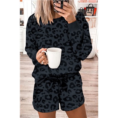 Gray Printed Leopard Long Sleeve Satin Tie Shorts Two Piece Set