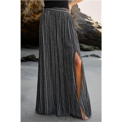 Black Printed Striped Printed Slit Wide Leg High Waist Pants